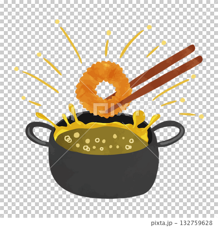 油はねしている揚げ物鍋とイカリング　水彩風手描きイラスト 132759628