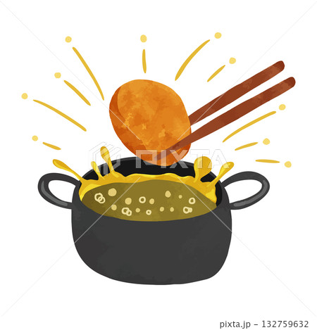 油はねしている揚げ物鍋とコロッケ　水彩風手描きイラスト 132759632