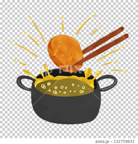 油はねしている揚げ物鍋とコロッケ　水彩風手描きイラスト 132759632