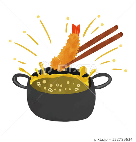 油はねしている揚げ物鍋とエビフライ　水彩風手描きイラスト 132759634