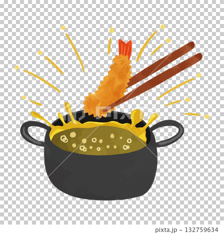 油はねしている揚げ物鍋とエビフライ　水彩風手描きイラスト 132759634