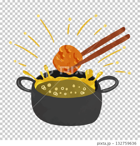 Splashing oil in a frying pan and fried chicken. Watercolor hand-drawn illustration Splashing oil in a frying pan and fried chicken. Watercolor hand-drawn illustration 132759636