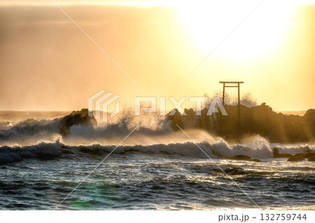 大荒れの太平洋にそびえる鳥居 大荒れの太平洋にそびえる鳥居 132759744