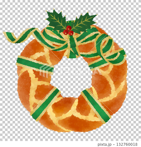 Handmade wreath bun_Stylish Christmas wreath decoration_Green ribbon_Crayon touch 132760018