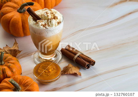 Autumn Pumpkin Spice Latte whipped cream and cinnamon 132760107