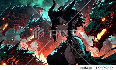 メラメラ燃える炎の中で美しい悪魔美女と野獣が並ぶ激しいイラスト 132760217