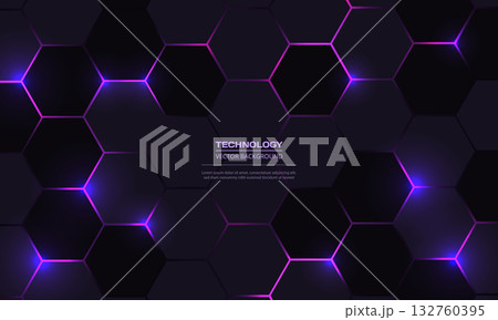 Dark hexagonal abstract technology vector background with pink and purple colored bright flashes under hexagon 132760395