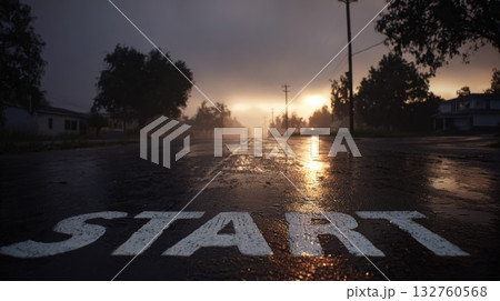 Rainy Morning Road with "START" on Wet Asphalt in Cinematic Lighting Rainy Morning Road with "START" on Wet Asphalt in Cinematic Lighting 132760568