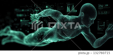 Futuristic Fitness Tracker Interface on Runner Silhouette with Real-Time Biometric Data Futuristic Fitness Tracker Interface on Runner Silhouette with Real-Time Biometric Data 132760715