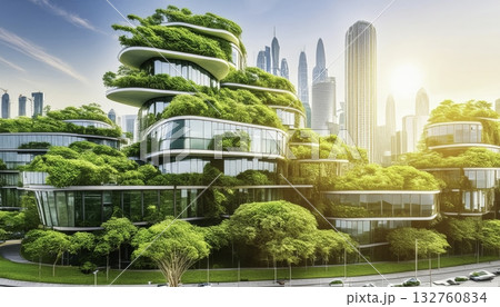 Sustainable cityscape with lush greenery on modern architecture 132760834