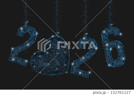 Abstract isolated blue image of new year number 2026. Polygonal low poly wireframe illustration looks like stars in the black night sky in space or flying glass shards. Digital web, internet design. Abstract isolated blue image of new year number 2026. Polygonal low poly wireframe illustration looks like stars in the black night sky in space or flying glass shards. Digital web, internet design. 132761127