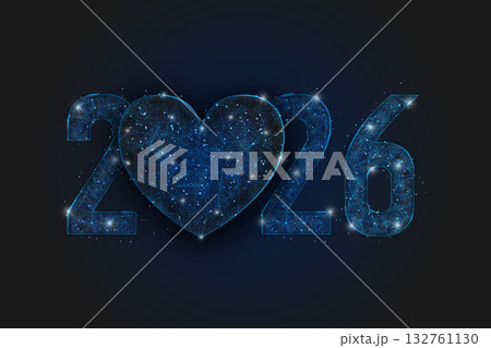 Abstract isolated blue image of new year number 2026. Polygonal low poly wireframe illustration looks like stars in the black night sky in space or flying glass shards. Digital web, internet design. 132761130