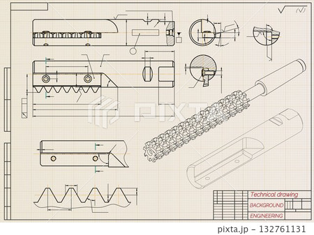 Mechanical engineering drawings on light background. Cutting tools, milling cutter. Technical Design. Cover. Blueprint. Horizontal seamless pattern. Vector illustration. 132761131