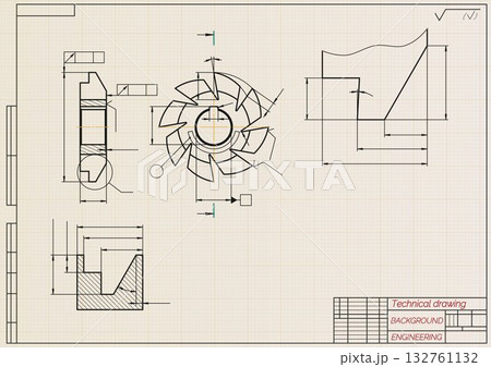 Mechanical engineering drawings on light background. Cutting tools, milling cutter. Technical Design. Cover. Blueprint. Horizontal seamless pattern. Vector illustration. 132761132