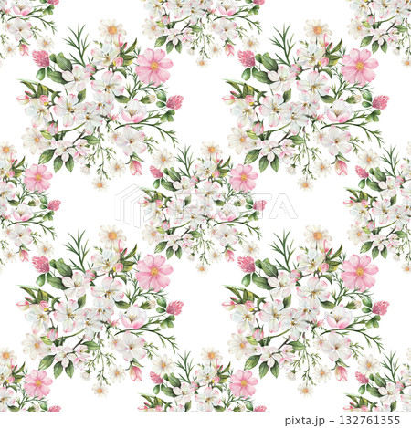 Watercolor seamless pattern with delicate white, pink, and green wildflowers and apple tree branches. White background. Wedding, wallpaper, backgrounds, textures 132761355