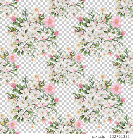 Watercolor seamless pattern with delicate white, pink, and green wildflowers and apple tree branches. White background. Wedding, wallpaper, backgrounds, textures 132761355