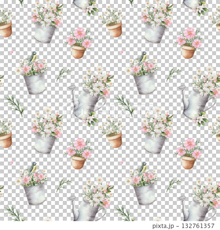 Seamless watercolor pattern with pink and white garden flowers in metal buckets, clay pots, watering cans. Apple blossom, chamomile, with small bird, butterfly. White background. 132761357