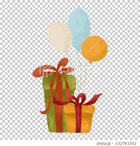 Gift boxes and balloons are a festive watercolor composition in autumn colors. They are yellow, green and blue, highlighted on a white background. It is a design element for printing, childrens prints Gift boxes and balloons are a festive watercolor composition in autumn colors. They are yellow, green and blue, highlighted on a white background. It is a design element for printing, childrens prints 132761502