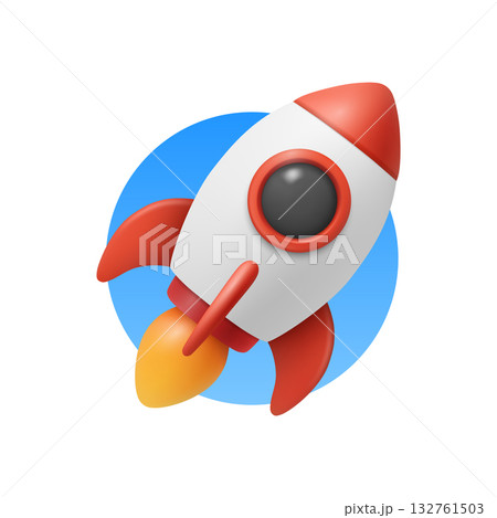 Vector 3d Red and White Rocket Launch Icon. Rocket Startup Badge in Blue Circle. Rocket Ship with Flame for Startup, Product Launch, Space, Mission, Web and Mobile Design Vector 3d Red and White Rocket Launch Icon. Rocket Startup Badge in Blue Circle. Rocket Ship with Flame for Startup, Product Launch, Space, Mission, Web and Mobile Design 132761503