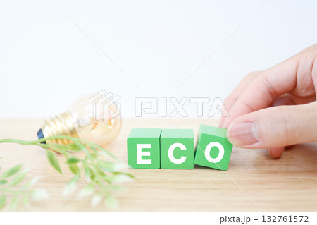 エコと電球のイメージ。節電や省エネ対策を表す。 132761572