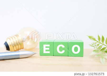 エコと電球のイメージ。節電や省エネ対策を表す。 エコと電球のイメージ。節電や省エネ対策を表す。 132761573