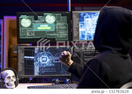 Hacker using malicious virus and AI deep learning technology to compromise devices and digital networks, gaining passwords. Man using neural networks tech, stealing and illegally selling data online 132761620