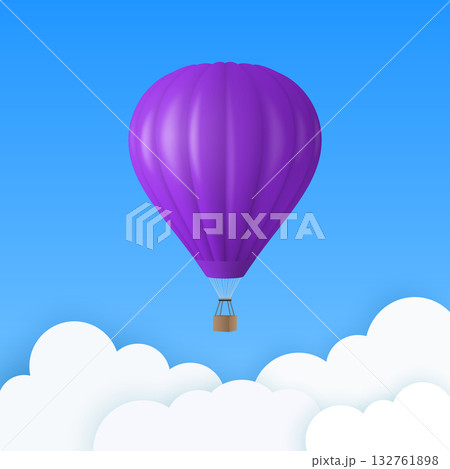Vector Travel Banner with 3d Realistic Purple Hot Air Balloon Icon on a Blue Sky Background. Design Template, Summer Vacation, Travelling, Tourism and Journey Concept 132761898