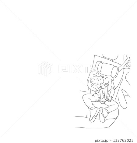 ドライブお疲れ様（線画） Tired child sleeping in car (line art 132762023