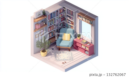 本棚に囲まれた読書コーナーのイソメトリックイラスト 132762067