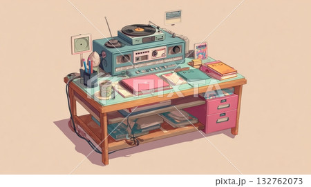 カセットプレーヤーとノートが並ぶレトロデスクのイラスト カセットプレーヤーとノートが並ぶレトロデスクのイラスト 132762073