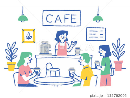 コーヒーを楽しむお客さんと笑顔の店員_色 132762093