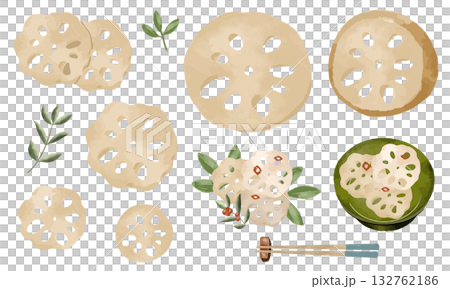 和食の食材（カットされた蓮根と調理例） 132762186