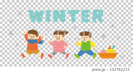 三個孩子在雪地裡奔跑玩耍，冬季手繪插圖 132762215