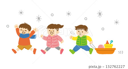 子供 雪遊び 走る 冬 冬休み イラスト 手描き 132762227