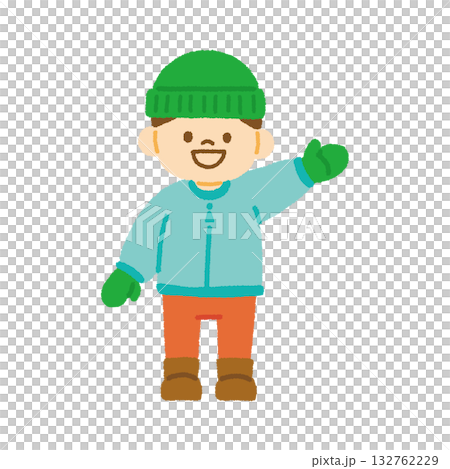 冬裝男孩針織帽羽絨衣靴子手套微笑插圖手繪 132762229