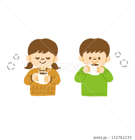子供 ホットココア 飲む 冬 暖かい イラスト 手描き 132762235