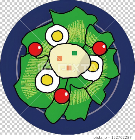 Illustration of a healthy green salad with potato salad and boiled eggs Illustration of a healthy green salad with potato salad and boiled eggs 132762287