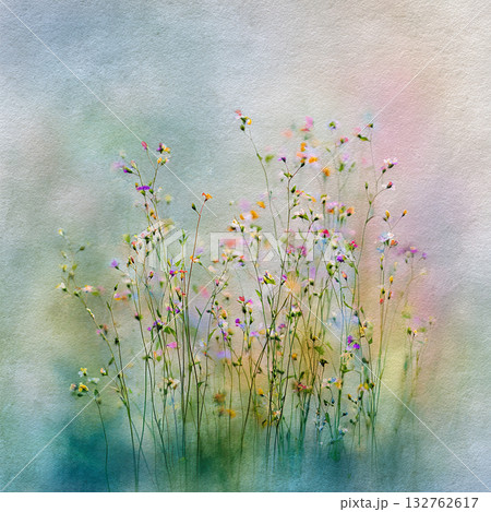 春の草花と新緑の水彩背景 やさしい自然のぼかしテクスチャ 春の草花と新緑の水彩背景 やさしい自然のぼかしテクスチャ 132762617