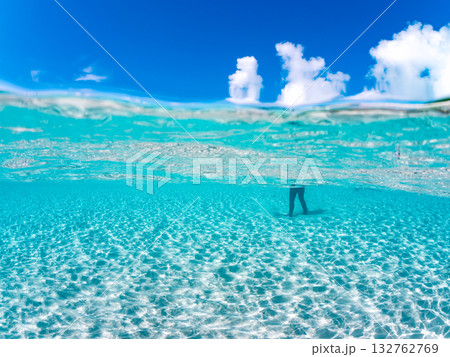 白砂のビーチの半水面撮影。美しいサンゴ礁と熱帯魚の群れ。 嘉比島沖縄県 島尻郡慶良間諸島座間味島 132762769