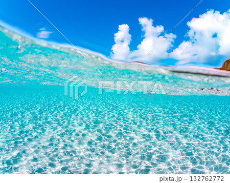 白砂のビーチの半水面撮影。美しいサンゴ礁と熱帯魚の群れ。 嘉比島沖縄県 島尻郡慶良間諸島座間味島 白砂のビーチの半水面撮影。美しいサンゴ礁と熱帯魚の群れ。 嘉比島沖縄県 島尻郡慶良間諸島座間味島 132762772