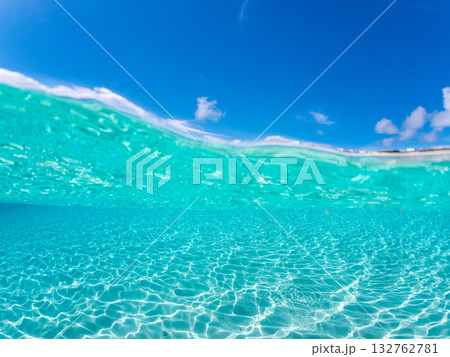 白砂のビーチの半水面撮影。美しいサンゴ礁と熱帯魚の群れ。 嘉比島沖縄県 島尻郡慶良間諸島座間味島 132762781