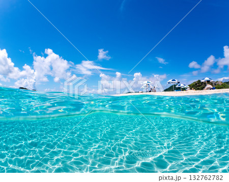 白砂のビーチの半水面撮影。美しいサンゴ礁と熱帯魚の群れ。 嘉比島沖縄県 島尻郡慶良間諸島座間味島 132762782