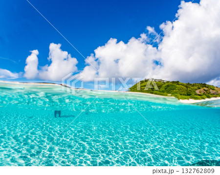 白砂のビーチの半水面撮影。美しいサンゴ礁と熱帯魚の群れ。 嘉比島沖縄県 島尻郡慶良間諸島座間味島 132762809