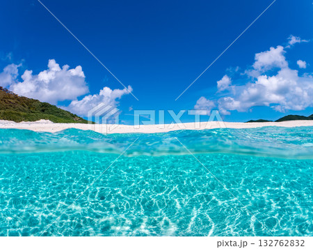 白砂のビーチの半水面撮影。美しいサンゴ礁と熱帯魚の群れ。 嘉比島沖縄県 島尻郡慶良間諸島座間味島 132762832