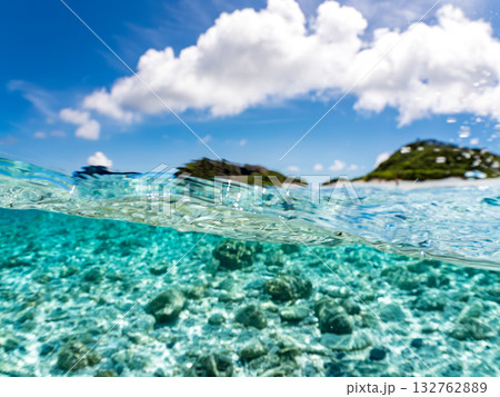 白砂のビーチの半水面撮影。美しいサンゴ礁と熱帯魚の群れ。 嘉比島沖縄県 島尻郡慶良間諸島座間味島 白砂のビーチの半水面撮影。美しいサンゴ礁と熱帯魚の群れ。 嘉比島沖縄県 島尻郡慶良間諸島座間味島 132762889