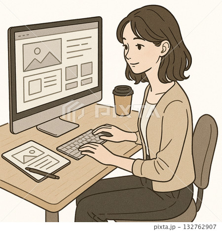 WEBデザイナークリエイターカメラマンIT　仕事をする女性のイラスト 132762907