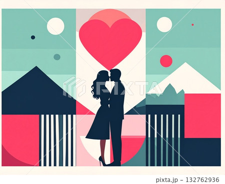 ハートに包まれた恋人たちのロマンチックなシルエットイラスト ハートに包まれた恋人たちのロマンチックなシルエットイラスト 132762936