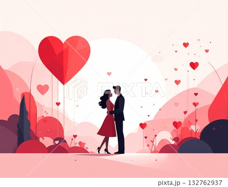 ハートに包まれた恋人たちのロマンチックなシルエットイラスト ハートに包まれた恋人たちのロマンチックなシルエットイラスト 132762937