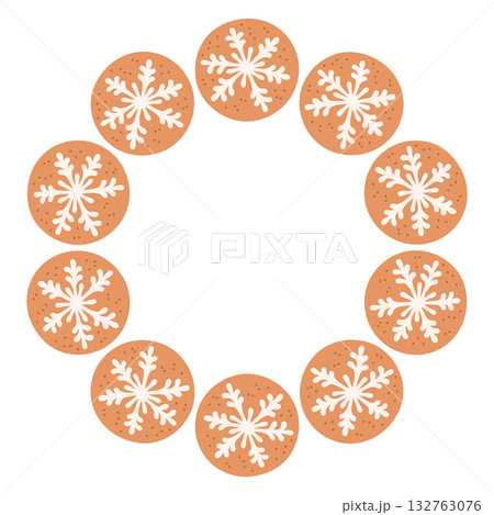 Simple gingerbread cookie festive round frame with Christmas decor. The simple vector design perfect for Christmas and New Year decorations or holiday greetings. Simple gingerbread cookie festive round frame with Christmas decor. The simple vector design perfect for Christmas and New Year decorations or holiday greetings. 132763076