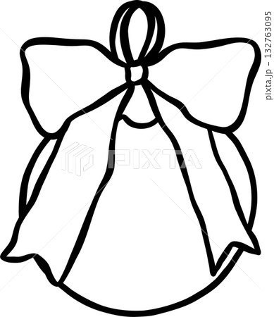 Coquette Preppy Christmas Ball Bauble with Ribbon Bow Outline Doodle Hand Drawn 132763095